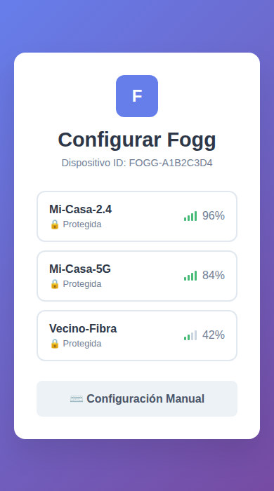 pantalla configurar fogg con la lista de redes wifi que encuentra el equipo